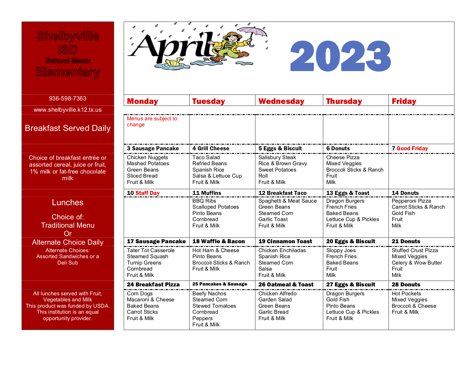 Shelbyville's breakfast and lunch menus for April.
