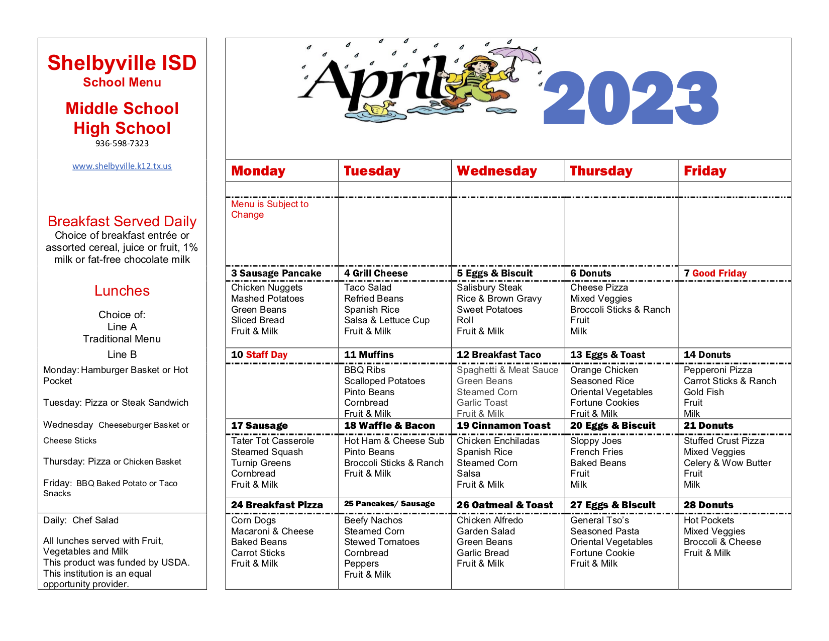 Shelbyville's breakfast and lunch menus for April.