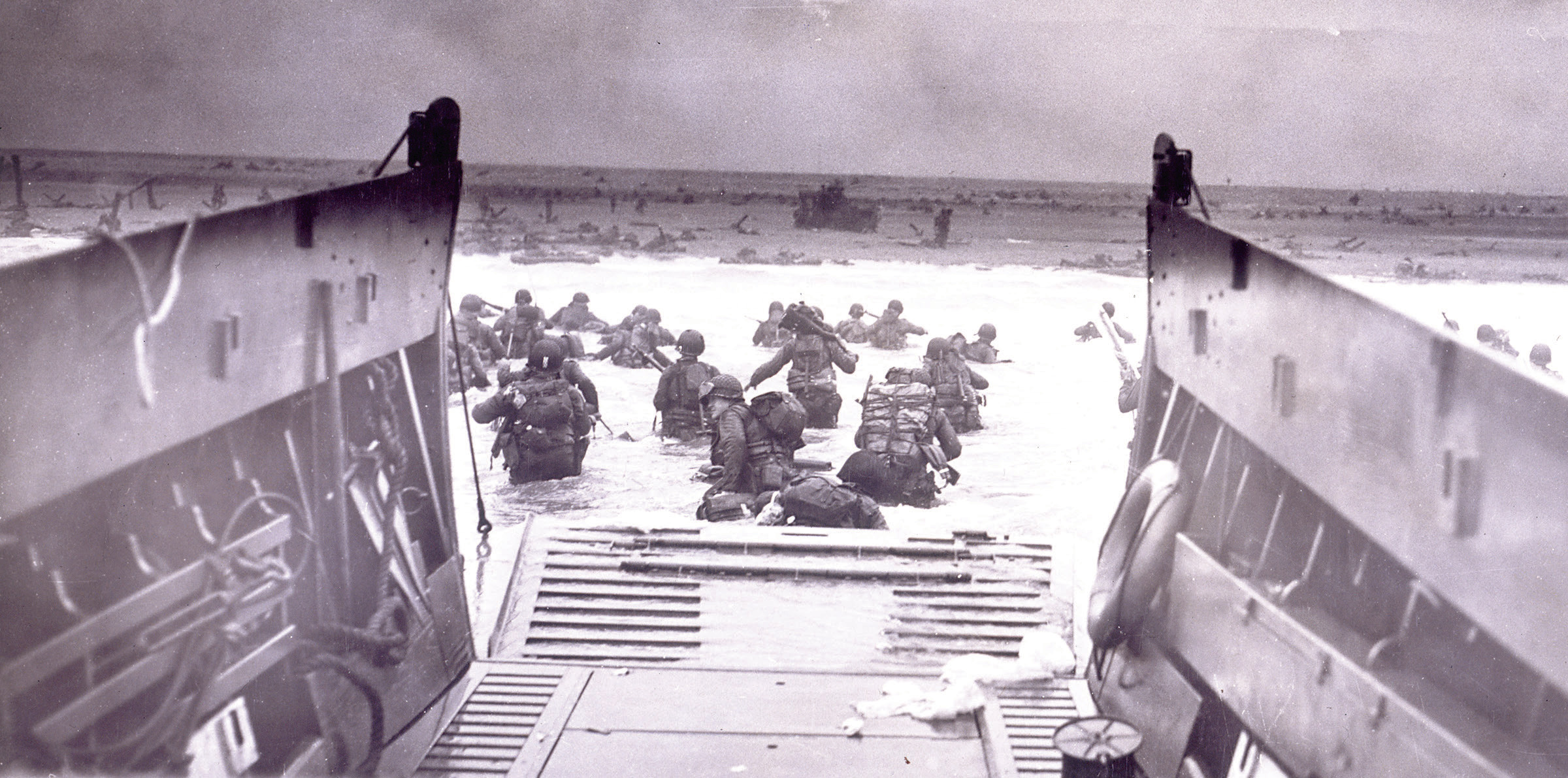 The view of Utah beach from a landing craft in the early hours of D-Day, June 6, 1944. Library of Congress