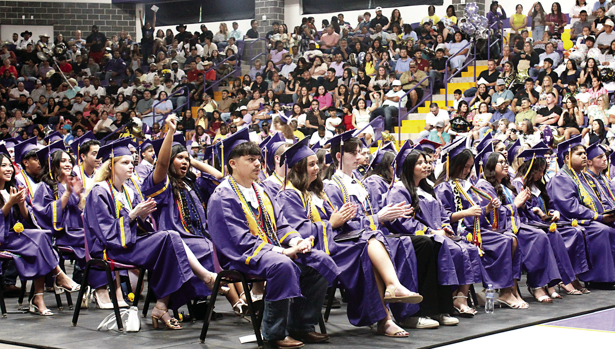 Center High School 2026 graduates react during their graduation ceremony held last Friday night, May 22. The event had to be moved into the coliseum due to rainy weather, but that did not dampen their excitement and enthusiasm for their milestone achievement. Joaquin, Shelbyville and Tenaha also held their graduation ceremonies the same night with Timpson’s scheduled for tomorrow night. See the back page for more graduation pictures. Sarah Barton CHS | Light and Champion