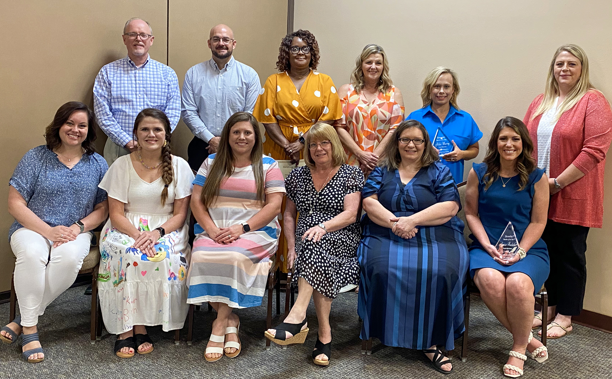 Teacher Appreciation Award recipients were front row (left to right) Alyssa King, Tenaha Elementary School; Jessica Belrose, S.W. Carter Elementary; Bailee Rash, Shelbyville Middle School; April Bloys, Center Middle School; Holly Derrick, Timpson Elementary; Joanna Huckabee, Tenaha Secondary School. Back row (left to right) Tim Verner, Excelsior ISD; John Jackson, Center Roughrider Academy; Genera Bolton, F.L. Moffett Primary; Kerin Curry, Center High School; Alisha Murray, Center Elementary School; Josie Seale, Shelbyville High School. Not pictured are Kim Bruister, Timpson Middle School and Laura Gafford, Timpson High School. (Andi Foster photo/The Light and Champion)