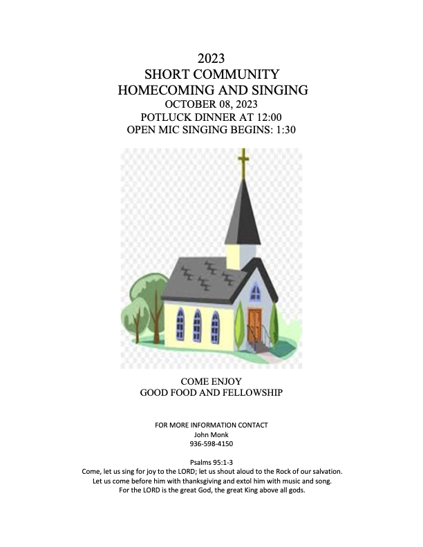 2023 Short Community&nbsp;Homecoming and Singing set for October 08