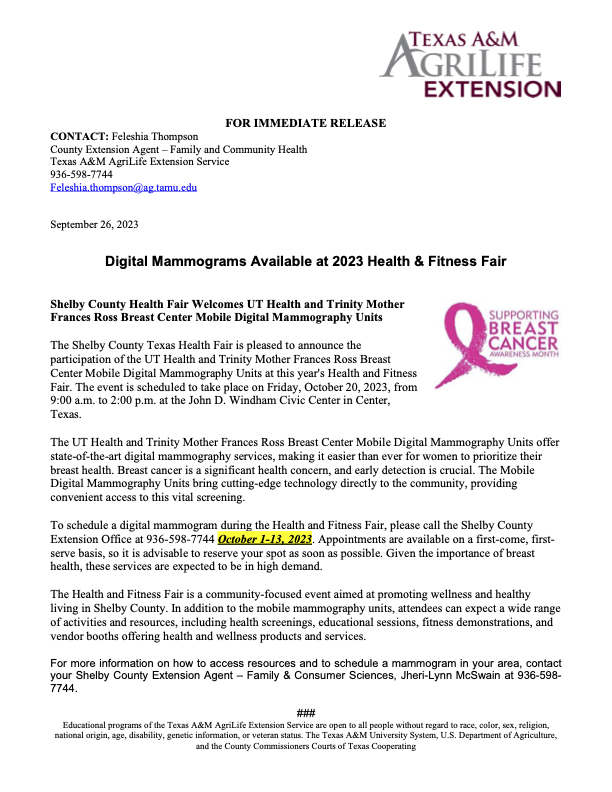 Digital Mammograms Available at 2023 Health & Fitness Fair
