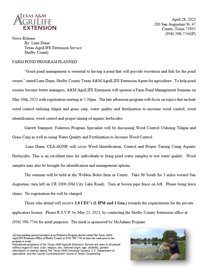 A&M AgriLIFE Extension Farm Pond Management: May 30