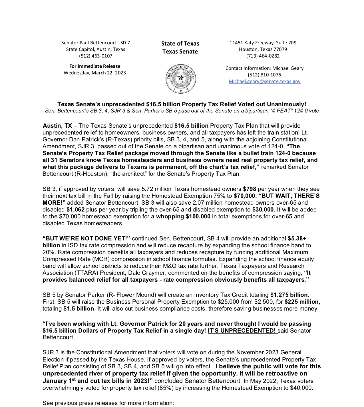 Texas Senate’s unprecedented $16.5 billion Property Tax Relief Voted out Unanimously!
