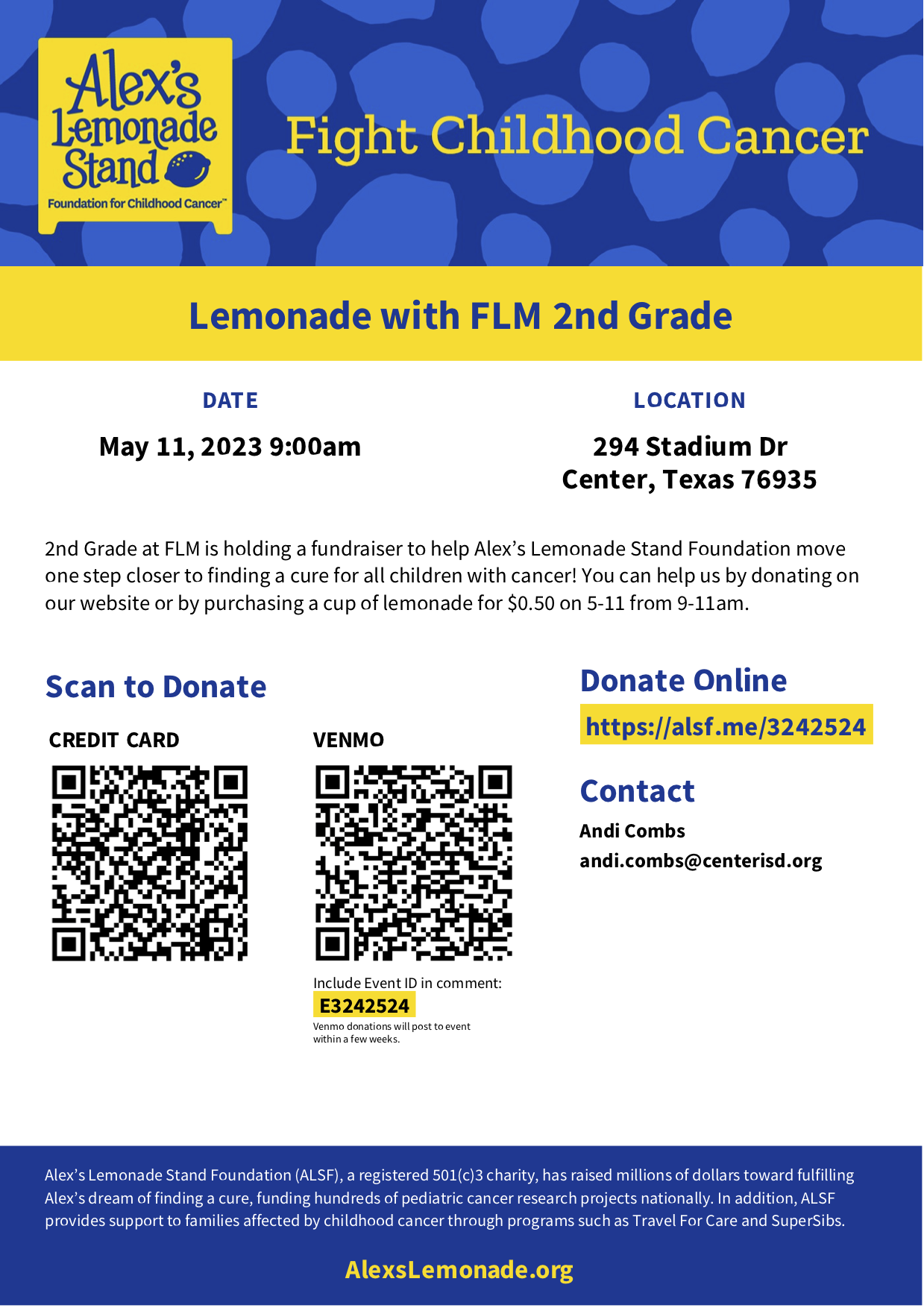 F.L. Moffett "Alex's Lemonade Stand" Fighting Childhood Cancer 