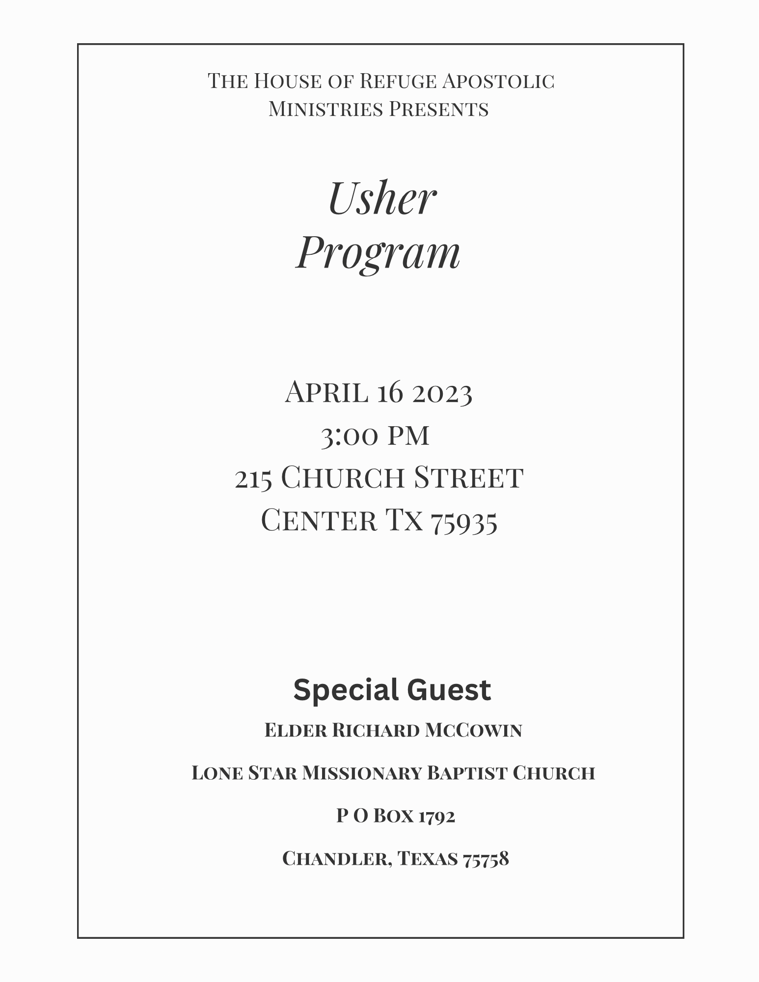 The House of Refuge Apostolic Ministries Usher Program: April 16