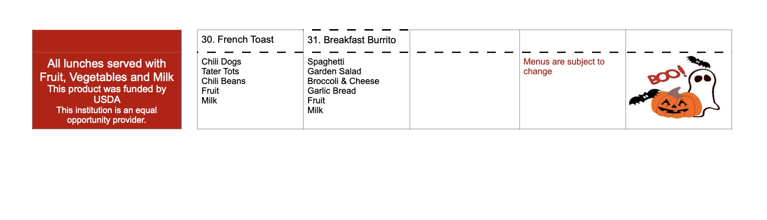 Shelbyville October lunch menus 