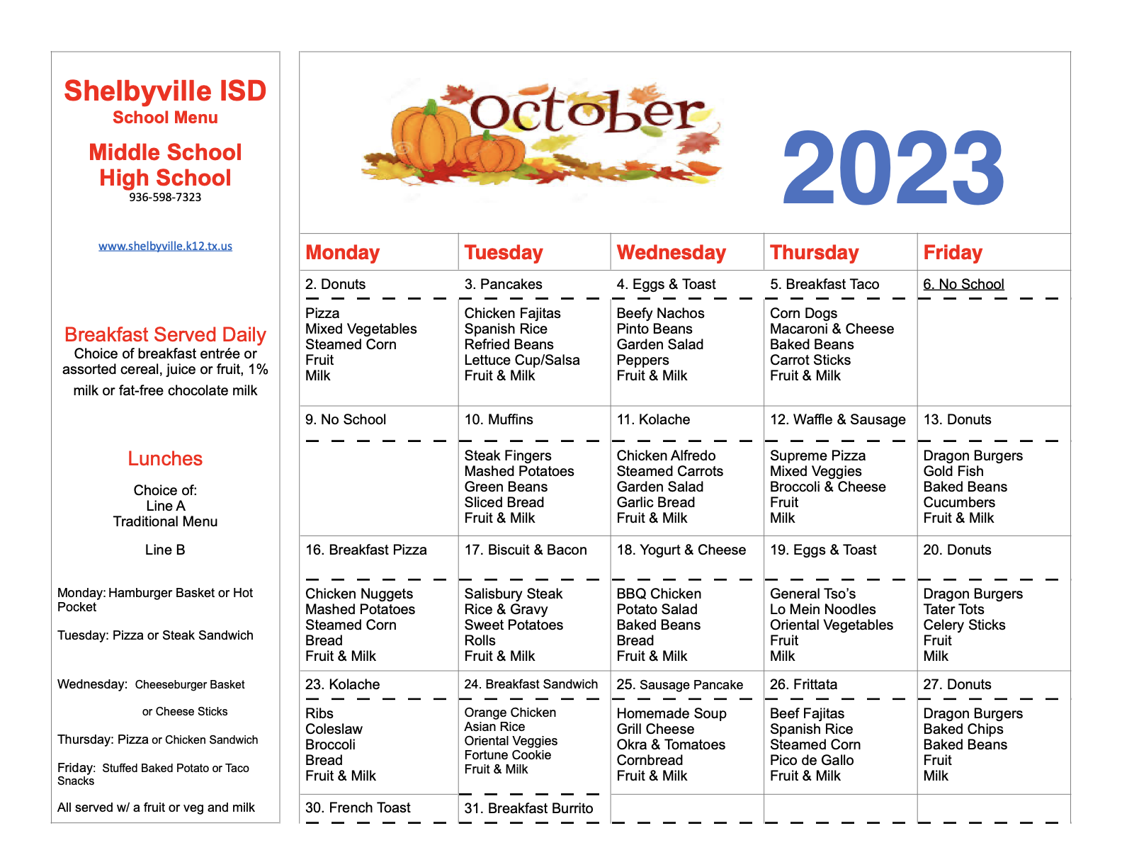 Shelbyville October lunch menus 