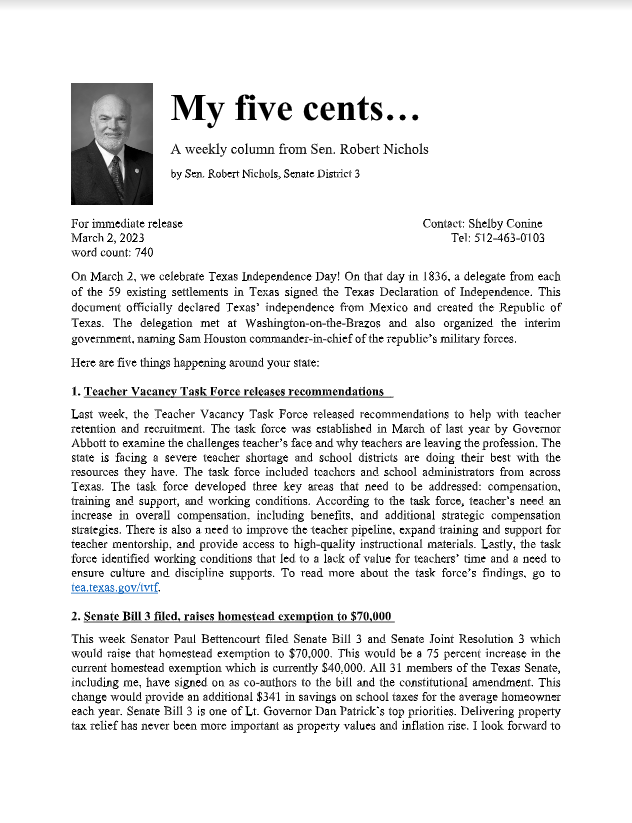 A weekly column from Sen. Robert Nichols