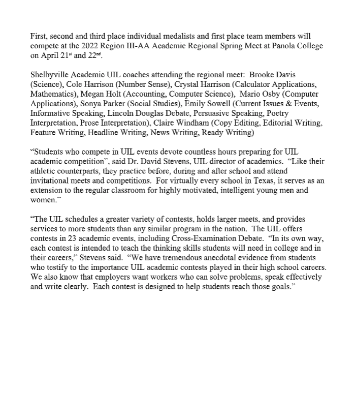 Shelbyville High School District UIL Results