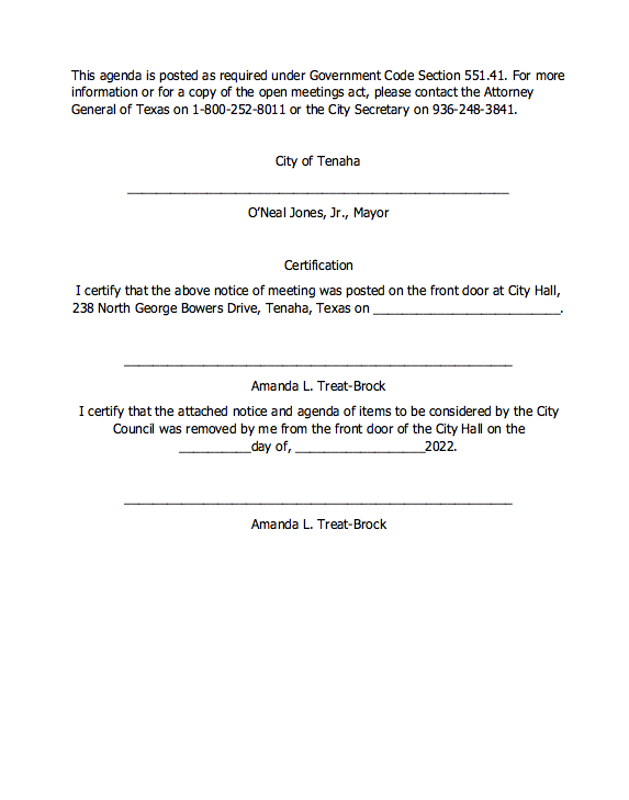 Notice of Meeting of Governing Body of Tenaha