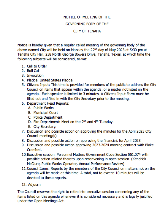 Notice of Meeting of Governing Body of Tenaha