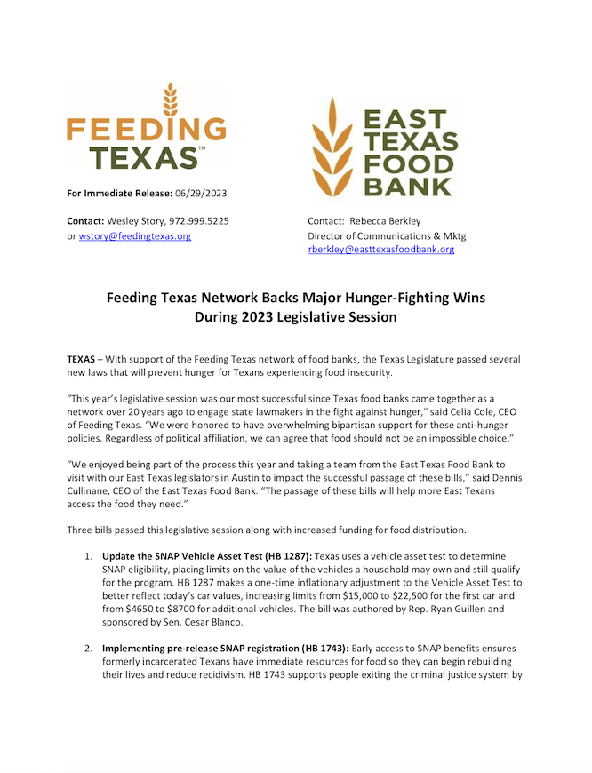 Feeding Texas Network Backs Major Hunger-Fighting Wins  During 2023 Legislative Session