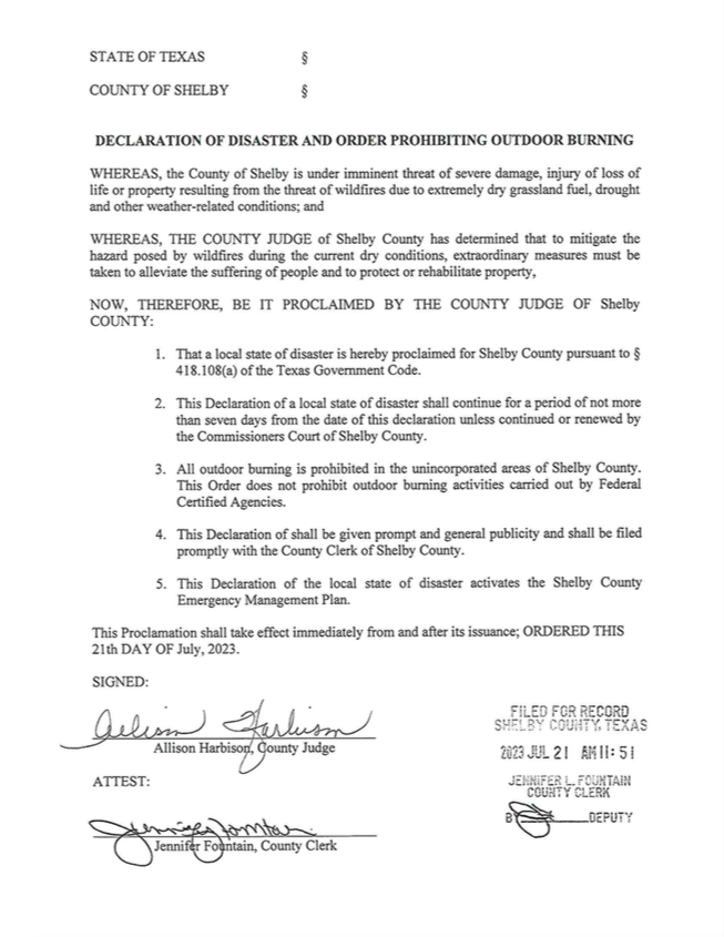 Declaration of Disaster and Order Prohibiting Outdoor Burning 