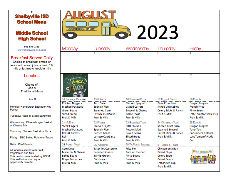 Shelbyville ISD August 2023 Menus