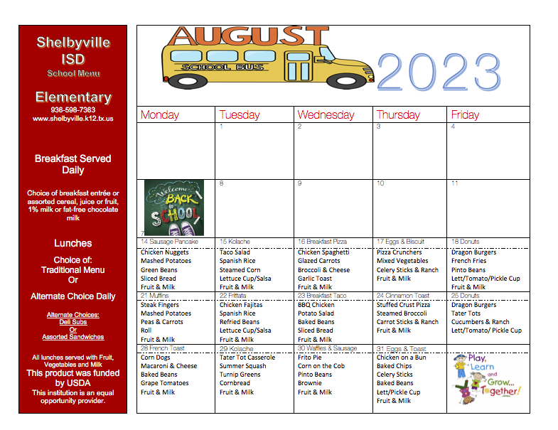 Shelbyville ISD August 2023 Menus