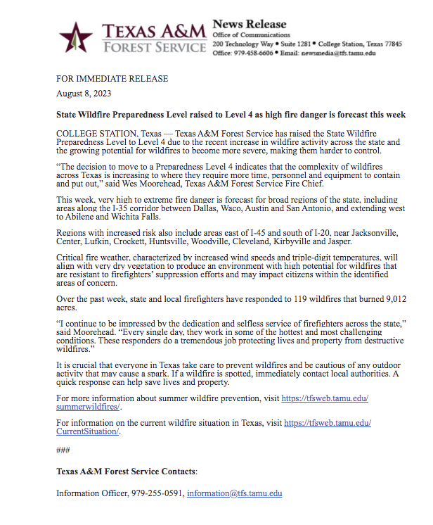State Wildfire Preparedness Level raised to Level 4 as high fire danger is forecast this week includes Center 