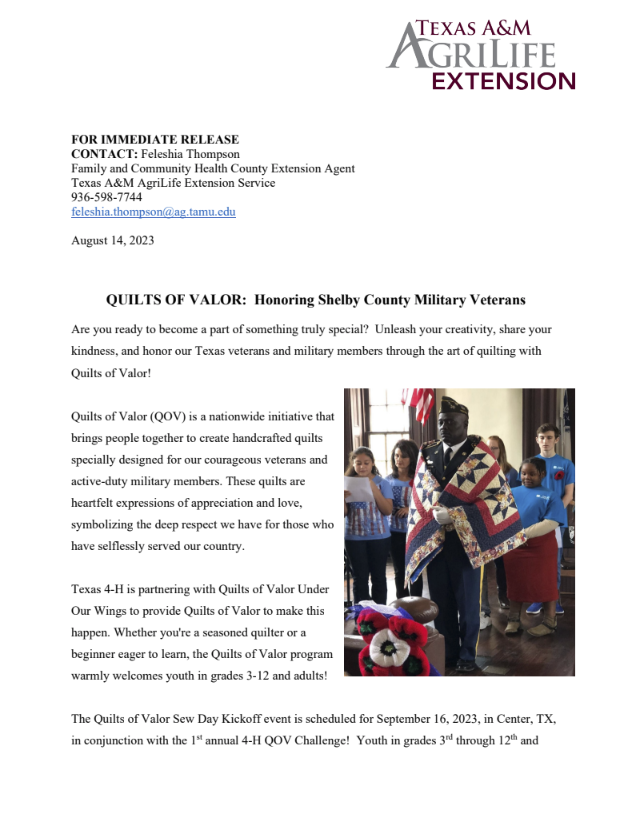 Quilts of Valor: Honoring Shelby County Military Veterans