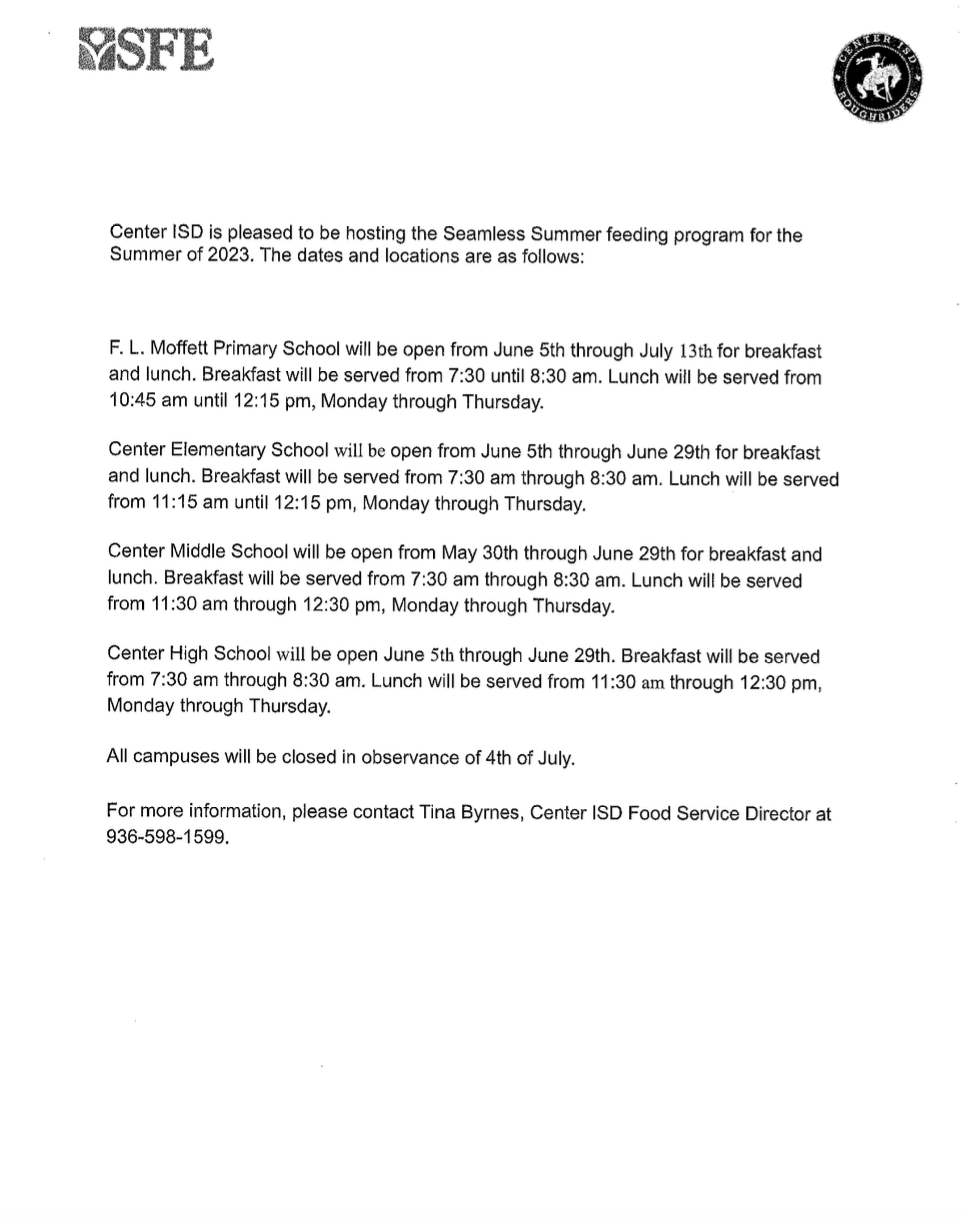 Center ISD to host Seamless Summer feeding program Summer of 2023
