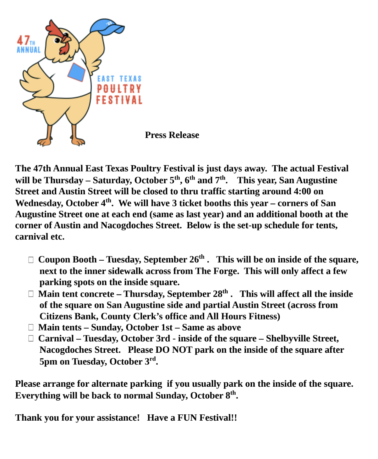 47th Annual East Texas Poultry Festival parking and street closures 