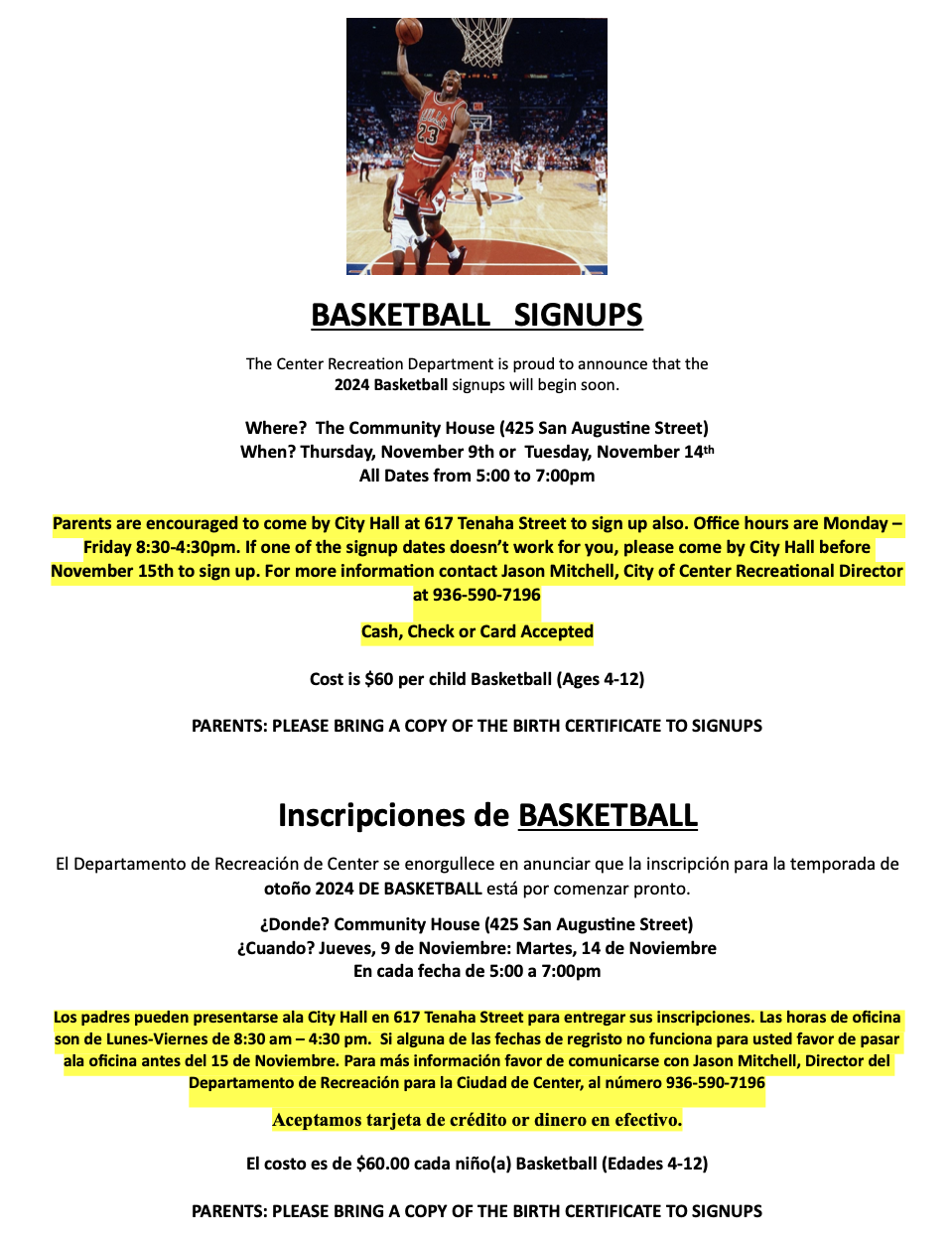 Center Recreation Department 2024 Basketball Sign-ups