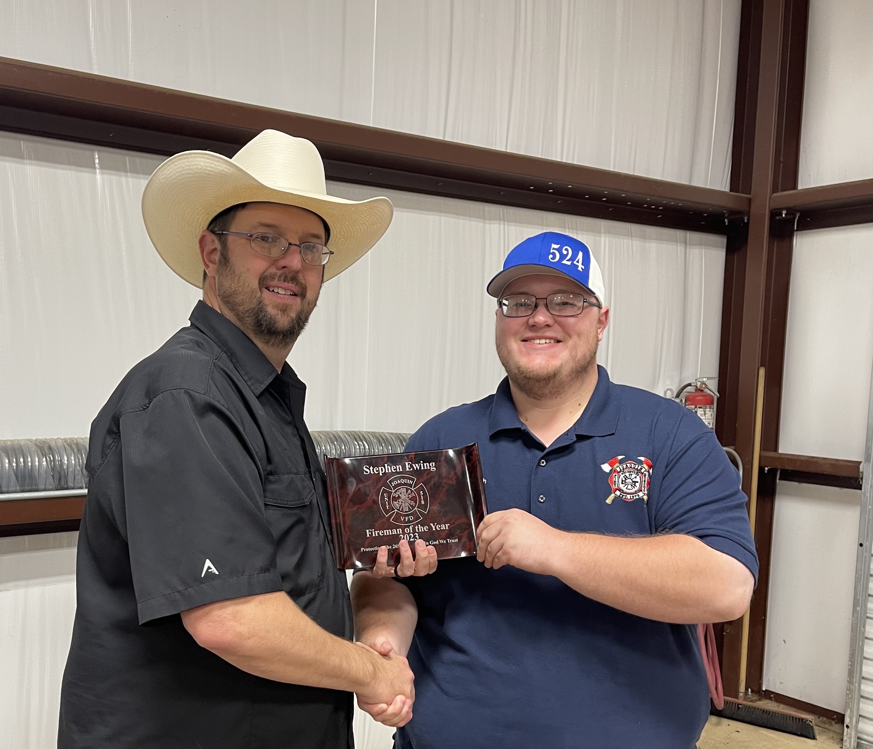  Brock Pugh presented the Fireman of the Year award to Stephen Ewing.