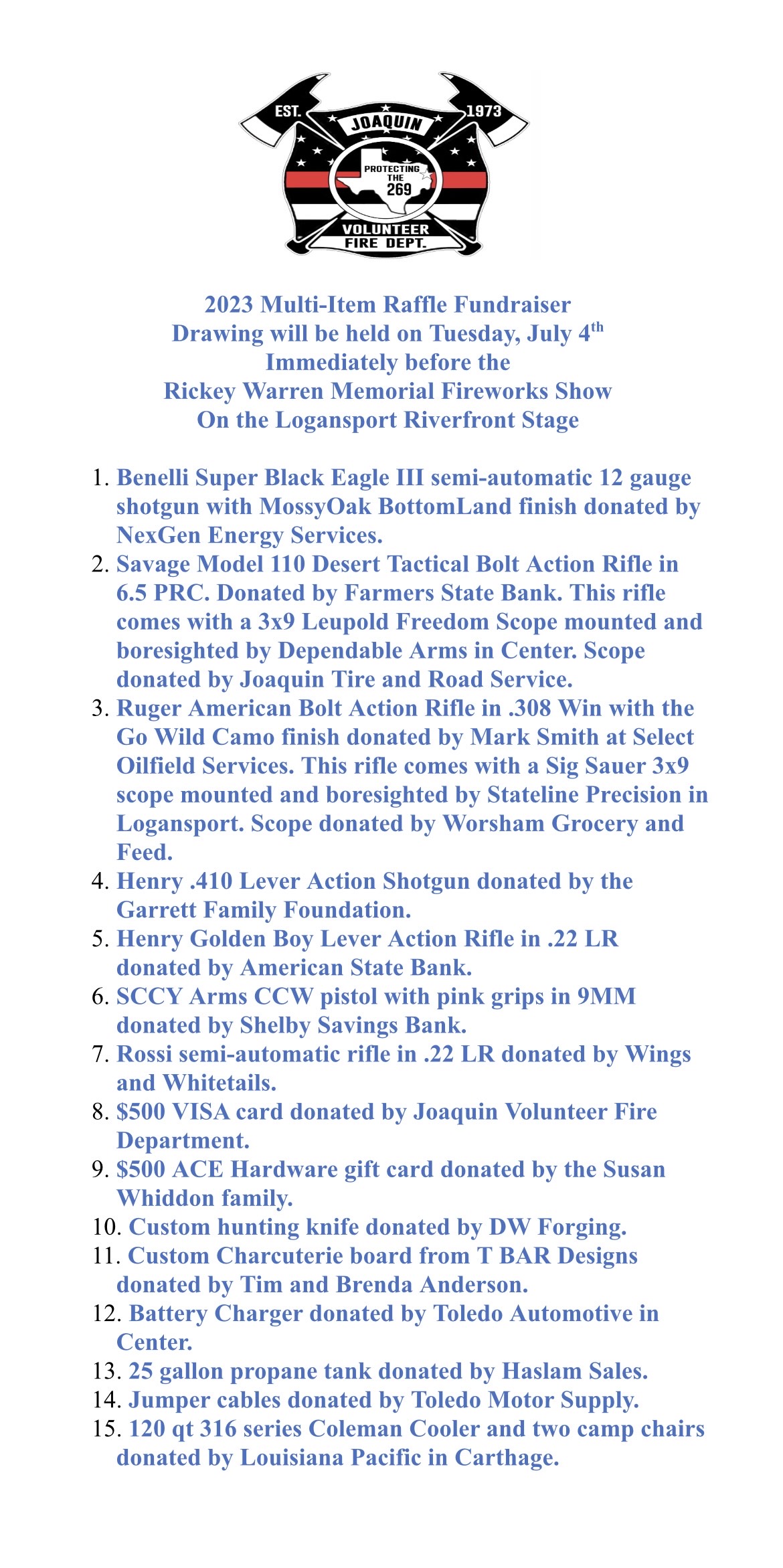 JVFD Report Jun 25-July 1 and Raffle Items