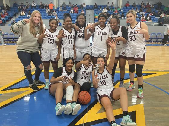 The Tenaha Lady Tigers and Zavalla Jingle Bell Jubilee winners. Standing (left to right) Addy Duncan, Moore, Lataejna Steadman, Christina Sparks, Lucy Giles, Lillunna Horton, Olivia Ford. Sitting, (left to right) Alisa Dodd, Kadence Polley, Jasmine Dodd. (Mickenzie Murry photo/The Light and Champion)