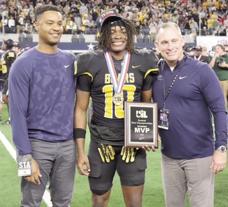 Named Most Valuable Player for the Bears offense is #10 Terry Bussey being presented the UIL award in Arlington, Texas. Tolar Bragg | The Light and Champion