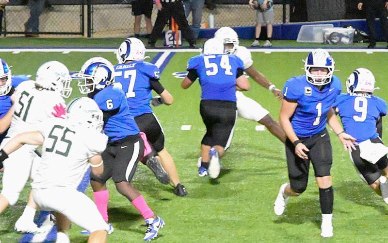 Jadyn Brown (9) makes a cut after taking a handoff from Trenton Runnels (1) in the Rams’ game against Hemphill Oct. 17, which saw Joaquin hand the Hornets a 56-0 defeat. Kelsi Wood, JHS | Light and Champion