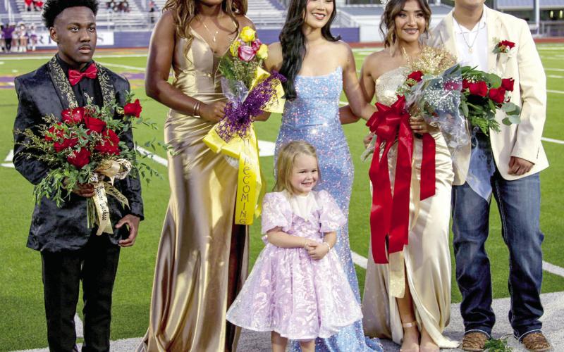 Jazmin Olivares (second from the right) was crowned the Center High School 2023 Homecoming Queen at Friday night's game against the Rusk Eagles September 29. Kylie Hubbard (second from the left) was named the 2023 Homecoming Princess.The honors of crowning were done by the 2022 Homecoming Queen, ZaZa Lin (center). Homecoming festivities were held prior to the start of the game.The game kicked off at 7:30 p.m. and Center defeated Rusk. (Leon Aldridge photo/The Light and Champion)