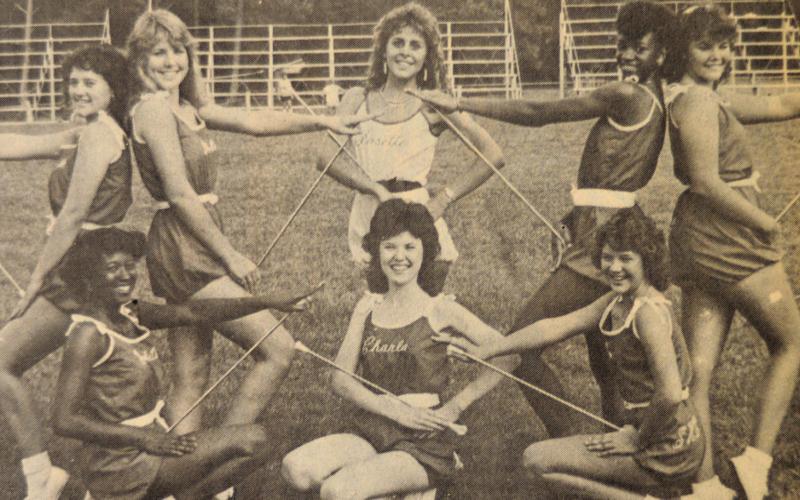 Majorettes for the 1985-86 season at Shelbyville High School are: (front) Pauletta Moore, Charla Jones (head), Dawn Thomason. Back: Michelle Swearingen (alt.), Debbie Vickers, Josette Taylor (drum major), Tonda Moore and Pam Scarbrough.