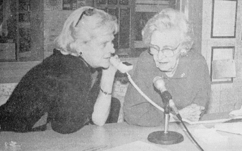 Center Mayor Pro-Tem Frances Oates (left) and KDET talk show host Mattie Dellinger took Mattie’s Party Line to the frozen north Friday when the regular afternoon show was broadcast in conjunction with a St. Cloud, Minnesota, radio station’s local talk show. In response to a Minnesota caller’s story about ice fishing, Mrs. Oates touted the fishing at Toledo Bend, where she said 30-pound bass were abundant.
