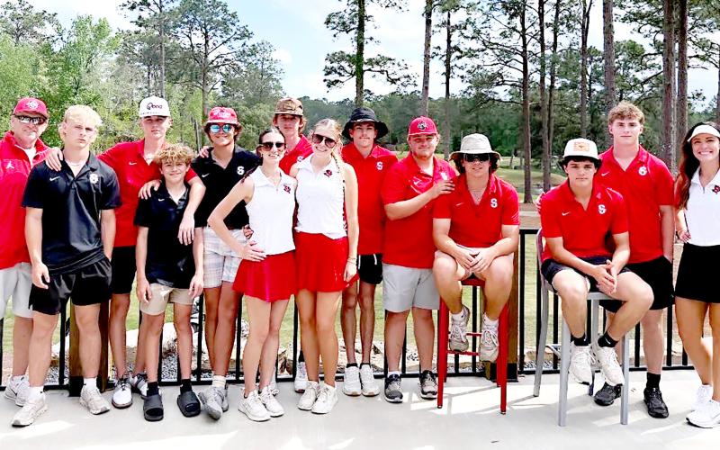 Shelbyville High School Golf Team (left to right) Coach Mick Murry, Hunter Harvey, Rylan Barbee, Dalton Shields, Kaden Baldwin, Lillian Haley, Addison Lloyd, Cole Riggs, Jaxon Raymond, Tucker Harbison, Dallas Murry, Bryant Scarborough, Gus Duvon, and Coach Gina Jones. Submitted | Light and Champion