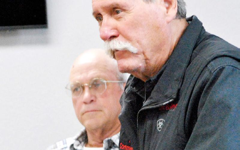 Tom Bellmyer, Comm. Pct. 4, updates the court on the progress of repairs to the sprinkler system on the courthouse square. Zack Clark | Light and Champion