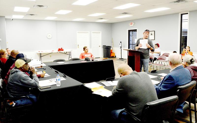Former police chief Jake Metcalf addresses the Tenaha city council during its February meeting held on Monday. Metcalf expressed his concerns about spending by city officials. David Danley | Light and Champion