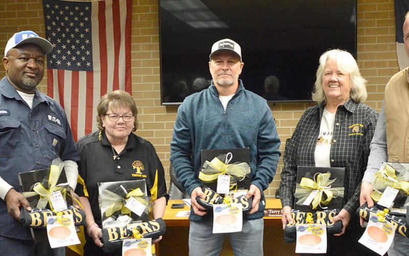 Members of the Timpson ISD Board of Trustees were honored for School Board Recognition Month at their January meeting. Left to right are Justin Timmons, Carlos Johnson, Tammy Sparks, Cody Beckham, Superintendent Dr. Terry Everitt, Joyce Wolfe, Nick Walker and Levi Cohorst. Zack Clark | Light and Champion