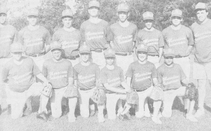 Members of the Morrison Insurance Senior League team are (front, left) Lance Burns, Ben Brittain, Dave Bonner, Cody Permenter, Mark Kay and Nick Haak; (back, left) assistant coach Ronnie Belrose, David Jordan, Chris Huskey, Zach Bonner, George Britton, Colby Blackmon. Marcus McCann, and head coach Brian Vaughn.