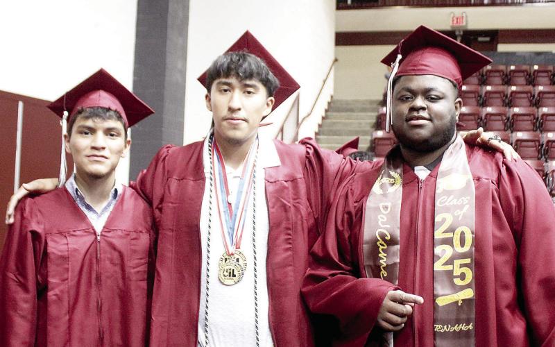 Jovanny Rico, Alexander Rojas and Da’Camerion Reed-Roland celebrate their graduation at Tenaha High School’s 2025 commencement exercises held last month. Submitted | Light and Champion