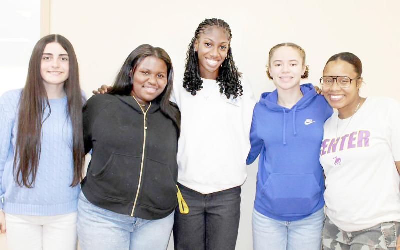 The CHS volleyball 2025 District 8-4A D2 All-District selections were honored at the Feb. 11 meeting of the Center ISD board of trustees. Honored were: (left to right) Rachel Newton, Jaleah Henderson, Makalah Patton and Journee Smith. They were joined by their coach, Tkeeyah Fanner. Submitted | Light and Champion