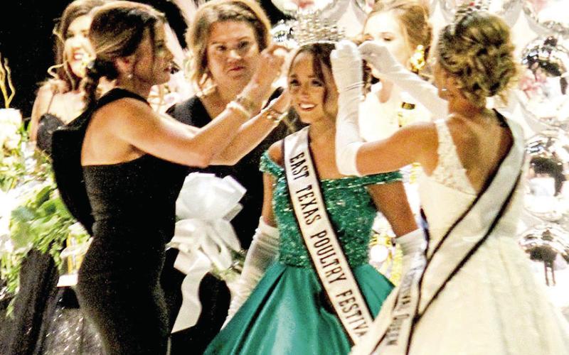 Laura Anne Scull (left) was crowned the 2023 East Texas Poultry Festival Queen Saturday night at the coronation pageant held at the Center High School cafetorium. First runner up was Karoline Oswalt (right), and Alana Fuller (center) was second runner up. Princess Kaylin Miller (seated behind the winners) and her escort Tucker Harbison are also pictured.