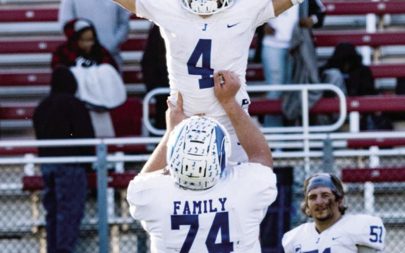 The Joaquin Rams in celebration after the victory over the Shelbyville Dragons to advance in the 2024 UIL State Playoffs. Next up is Honey Grove. Lister Publishing | Light and Champion