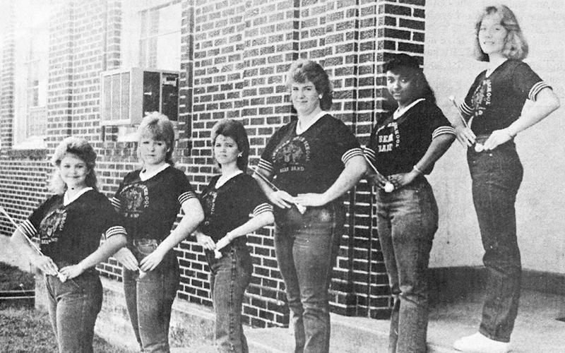 BEAR TWIRLERS-To twirl for the 1985-86 school year for the Timpson Bears are Sandy Clay, head twirler; Christi Copeland, Teresa Trala, Melanie Hudman, Shante Leeden and Stacie Watkins.