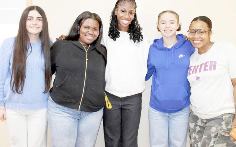 The CHS volleyball 2025 District 8-4A D2 All-District selections were honored at the Feb. 11 meeting of the Center ISD board of trustees. Honored were: (left to right) Rachel Newton, Jaleah Henderson, Makalah Patton and Journee Smith. They were joined by their coach, Tkeeyah Fanner. Submitted | Light and Champion