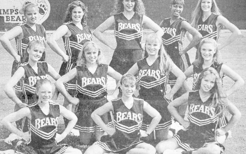 Leading cheers for the Timpson High School Bears this year are (not in order pictured) varsity cheerleaders Kristy Steffens, head cheerleader, Linsey Askins, Kim Stockberger, Donna Rhodes and Casey Head, all juniors; Dusti Miller, Kayce Pierce, Caira Osby and Stephanie Youngblood, sophomores; and freshmen Courtney Bush, Christy Davis and Kelli Rhodes.