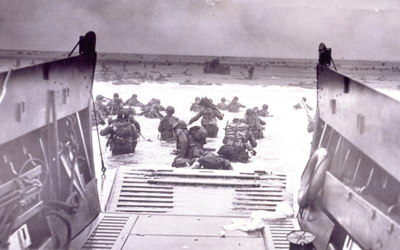The view of Utah beach from a landing craft in the early hours of D-Day, June 6, 1944. Library of Congress