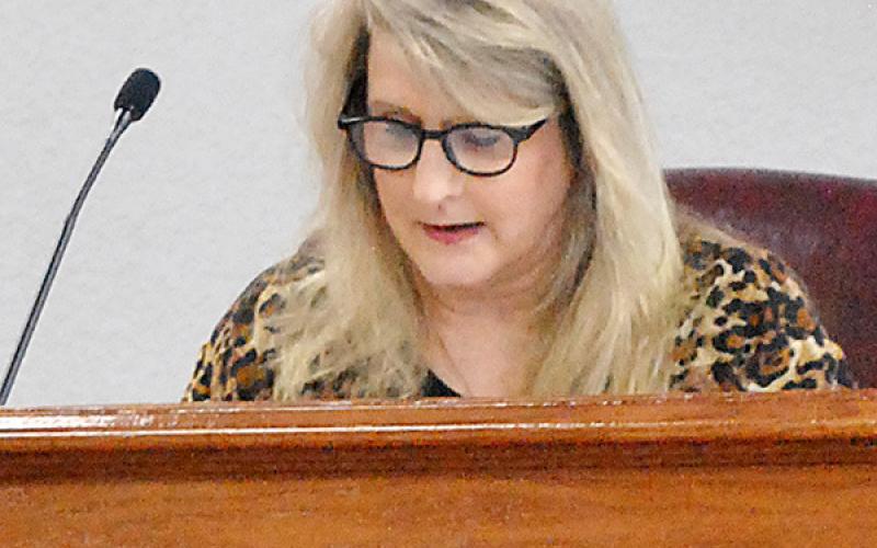 County Judge Allison Harbison presides over the Feb. 25 meeting of the Shelby County Commissioners Court meeting. Lisa White | Light and Champion