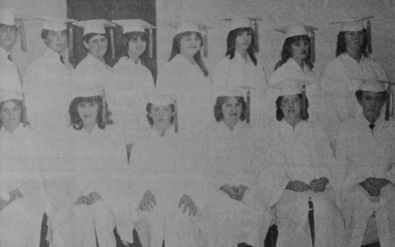Those graduating from Excelsior school for 1984-85 are as follows: front row (l-r), Holli Barbee, Ginger Russell, Jeremy Fountain, Tammy Adams, Shannon Adams and Jason Davis. Back row (l-r) Jimmy Fenley, Jodie Porter, Bradley Wilburn, Carey Wheeler, Brendah Walker, Janette Warr, Tammy Davis and Kelley Chandler.