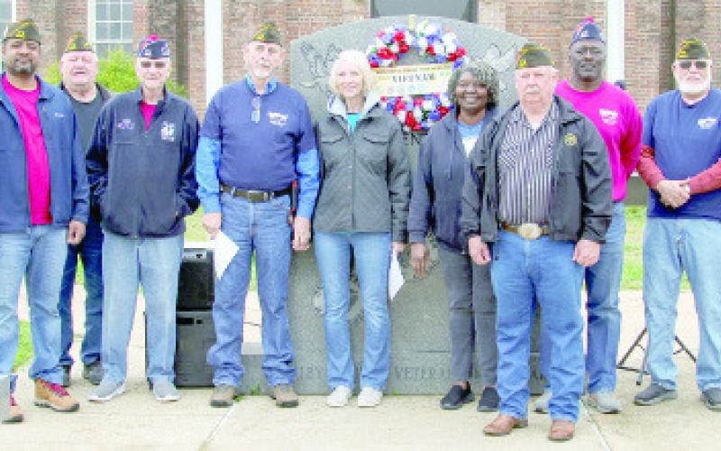 Members of the Shelby County Memorial Veterans of Foreign Wars Post 8904 and the Auxiliary hosted a Memorial Observance for the Paris Peace Accord ending the Vietnam War Friday, Jan. 27 at the Veterans Memorial on the grounds of the 1885 Historic Shelby County Courthouse in Center. Leon Aldridge | The Light and Champion